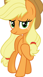 Size: 1080x1920 | Tagged: safe, artist:sallyso, derpibooru import, applejack, earth pony, pony, blonde, blonde mane, blonde tail, eyelashes, female, freckles, green eyes, hat, hoof on chest, mare, simple background, smiling, solo, white background