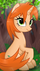 Size: 1080x1920 | Tagged: safe, artist:sallyso, derpibooru import, oc, oc only, oc:chrystine mirage, pony, unicorn, eyelashes, female, forest, freckles, horn, mare, outdoors, raised hoof, raised leg, smiling, solo, unicorn oc