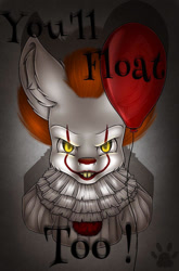 Size: 661x1000 | Tagged: safe, artist:maneblue, derpibooru import, earth pony, pony, balloon, bust, chest fluff, clothes, clown, evil grin, grin, it, male, paw prints, pennywise, ponified, smiling, stallion