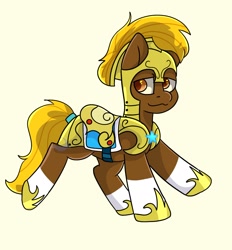 Size: 1336x1439 | Tagged: safe, artist:bluemoon, oc, oc only, oc:acres, earth pony, pony, armor, blonde, blonde mane, blonde tail, brown coat, coat markings, earth pony oc, male, royal guard, simple background, socks (coat marking), solo, stallion