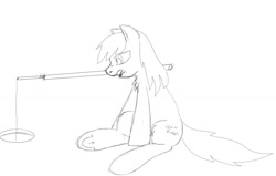 Size: 1296x822 | Tagged: safe, artist:anonymous, oc, oc only, oc:frosty flakes, pony, female, fishing rod, frog (hoof), ice fishing, mare, monochrome, mouth hold, sitting, snowpony (species), solo, taiga pony, underhoof
