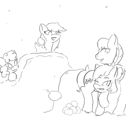 Size: 1500x1500 | Tagged: safe, artist:anonymous, oc, oc only, pony, female, filly, foal, mare, monochrome, open mouth, snow, snow fort, snowball, snowball fight, snowfall, snowpony (species), taiga pony