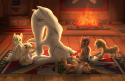 Size: 2708x1764 | Tagged: safe, artist:snspony, oc, oc only, oc:cirrus wisp, pony, colt, comb, female, filly, fire, fire pit, foal, long mane, long tail, male, mare, mouth hold, rug, sitting, smiling, snowpony (species), taiga pony, unshorn fetlocks