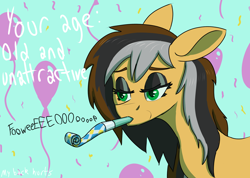 Size: 2390x1705 | Tagged: safe, artist:sufficient, derpibooru import, oc, oc only, oc:steaming stove, earth pony, pony, balloon, birthday, depressed, earth pony oc, female, mare, mascara, mouth hold, multicolored mane, old, onomatopoeia, party horn, solo, text