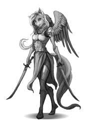 Size: 2480x3508 | Tagged: safe, artist:vitaj, derpibooru import, fluttershy, anthro, butterfly, pegasus, plantigrade anthro, armor, clothes, dual wield, female, fighter, grayscale, heel pop, heron guard, looking at you, mare, monochrome, myth (bungie), myth ii: soulbrighter, shoes, simple background, skirt, solo, sword, swordmare, transparent background, weapon, wings