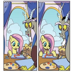 Size: 505x533 | Tagged: safe, derpibooru import, idw, discord, fluttershy, draconequus, pegasus, pony, spoiler:comic94, cloud, comic, cropped, duo, mouth hold, paint, paintbrush, painting, wholesome, window