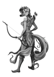 Size: 2480x3508 | Tagged: safe, artist:vitaj, derpibooru import, rarity, anthro, plantigrade anthro, unicorn, archer, archery, arrow, bow (weapon), bow and arrow, clothes, coat, dress, evening gloves, female, fingerless elbow gloves, fingerless gloves, fir'bolg, gloves, grayscale, knife, long gloves, mare, monochrome, myth (bungie), myth: the fallen lords, quiver, shoes, simple background, solo, tattoo, transparent background, weapon