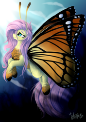 Size: 2894x4093 | Tagged: safe, artist:julunis14, derpibooru import, fluttershy, butterfly, hybrid, pony, antennae, butterfly wings, solo, species swap, wings