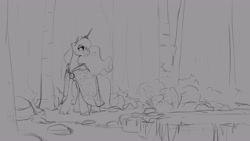 Size: 2555x1440 | Tagged: safe, artist:anticular, derpibooru import, princess luna, alicorn, pony, breath, cloak, clothes, female, forest, grayscale, mare, monochrome, sketch, smiling, solo, wip