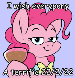 Size: 793x821 | Tagged: safe, artist:moonatik, derpibooru import, pinkie pie, earth pony, pony, bowtie, comic sans, female, glass, looking at you, mare, pilk, simple background, solo, text, twosday