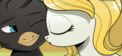 Size: 744x339 | Tagged: safe, artist:candyclumsy, derpibooru import, earth pony, griffon, comic:revolution of harmony, cropped, female, interspecies, kissing, mare