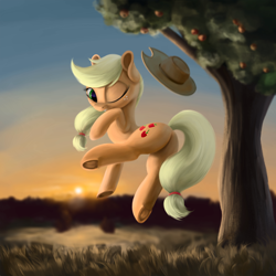 Size: 2250x2250 | Tagged: safe, artist:flusanix, derpibooru import, applejack, earth pony, pony, apple, apple tree, applebucking, applebutt, applejack's hat, butt, clothes, cowboy hat, female, frog (hoof), hat, hat off, high res, mare, plot, raised hoof, raised leg, solo, sunset, tree, underhoof