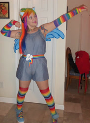 Size: 2094x2864 | Tagged: safe, artist:drowninginrice, derpibooru import, rainbow dash, human, 2012, armpits, clothes, cosplay, costume, high res, irl, irl human, multicolored hair, photo, rainbow hair, rainbow socks, socks, solo, striped socks