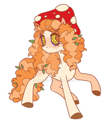 Size: 900x1013 | Tagged: safe, artist:lynesssan, derpibooru import, oc, oc:kinoko, original species, pony, female, freckles, leaves, mare, mushroom, mushroom pony, simple background, solo, transparent background