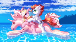 Size: 3840x2110 | Tagged: safe, alternate version, artist:airiniblock, derpibooru import, oc, oc only, oc:bay breeze, oc:swift apex, pegasus, pony, commission, female, male, mare, ocean, pegasus oc, pool toy, rcf community, stallion, water, wings