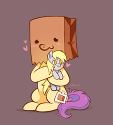 Size: 1524x1687 | Tagged: safe, artist:mn27, artist:paperbagpony, color edit, derpibooru import, edit, derpy hooves, oc, oc:paper bag, original species, pony, blushing, colored, cute, face on a bag, fake cutie mark, female, heart, mare, ocbetes, paper bag, plush pony, plushie