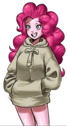 Size: 457x856 | Tagged: artist needed, source needed, safe, derpibooru import, pinkie pie, equestria girls, clothes, female, hoodie, simple background, smiling, solo, white background