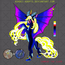 Size: 1600x1600 | Tagged: safe, derpibooru import, discord, princess luna, oc, alicorn, draconequus, hybrid, pony, adoptable, deviantart, deviantart watermark, horn, interspecies offspring, obtrusive watermark, offspring, parent:discord, parent:princess luna, parents:lunacord, selling, smiling, solo, watermark, wings