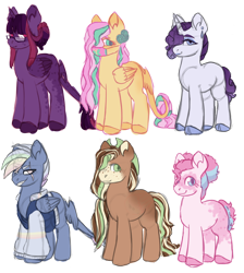 Size: 1068x1192 | Tagged: safe, artist:orangemoonarts, derpibooru import, applejack, fluttershy, pinkie pie, rainbow dash, rarity, twilight sparkle, twilight sparkle (alicorn), alicorn, earth pony, pegasus, pony, unicorn, alternate design, appaloosa, clothes, coat markings, eye scar, face mask, female, glasses, hair over one eye, jacket, mane six, mare, mask, redesign, scar, simple background, transparent background