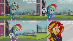 Size: 1280x720 | Tagged: safe, derpibooru import, edit, edited screencap, editor:quoterific, screencap, rainbow dash, sunset shimmer, equestria girls, rainbow rocks, canterlot high, clothes, crossed arms, cutie mark on clothes, duo, duo female, female, football, jacket, leather, leather jacket, open mouth, smiling, sports, statue