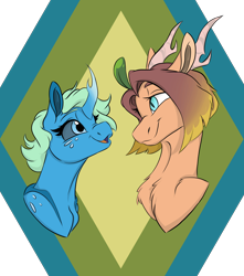 Size: 3100x3500 | Tagged: safe, artist:ask-y, derpibooru import, oc, oc only, changedling, changeling, pony, antlers, bust, changedling oc, changeling oc, chest fluff, duo, female, mare, simple background, smiling, transparent background