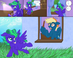 Size: 5000x4000 | Tagged: safe, artist:kaikururu, derpibooru import, oc, oc only, pegasus, pony, absurd resolution, comic, curtains, dialogue, ears back, eye clipping through hair, female, frown, grass, gritted teeth, hoof hold, hooves, lamp, looking at something, looking back, mare, onomatopoeia, open mouth, pegasus oc, raised hoof, raised leg, short tail, sitting, smiling, speech bubble, spread wings, tail, tongue, tongue out, two toned mane, wing hands, wings