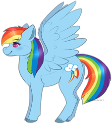 Size: 1296x1434 | Tagged: safe, artist:pinky-poodle, derpibooru import, rainbow dash, pegasus, pony, backwards cutie mark, eyebrows, eyebrows visible through hair, female, full body, hooves, mare, side view, signature, simple background, smiling, solo, spread wings, standing, tail, transparent background, unshorn fetlocks, wings