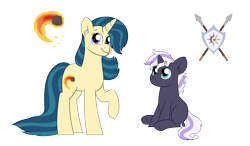 Size: 5000x2910 | Tagged: safe, artist:queenderpyturtle, derpibooru import, oc, oc only, pony, unicorn, colt, duo, ear fluff, ears, female, foal, full body, high res, hooves, horn, male, mare, raised hoof, raised leg, simple background, sitting, smiling, standing, tail, transparent background, two toned mane, two toned tail, unicorn oc