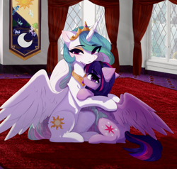 Size: 2589x2464 | Tagged: safe, artist:empress-twilight, derpibooru import, princess celestia, twilight sparkle, twilight sparkle (alicorn), alicorn, pony, carpet, curtains, duo, duo female, female, hug, i can't believe it's not magnaluna, indoors, looking at you, mare, sitting, window