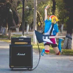 Size: 1080x1080 | Tagged: safe, derpibooru import, rainbow dash, human, equestria girls, amp, clothes, converse, cosplay, costume, electric guitar, guitar, headphones, irl, irl human, multicolored hair, musical instrument, photo, rainbow hair, shoes, sneakers