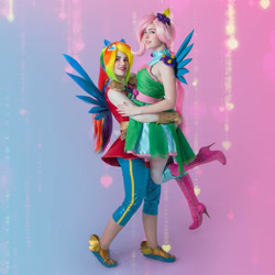 Size: 2159x2159 | Tagged: safe, derpibooru import, fluttershy, rainbow dash, human, equestria girls, boots, clothes, cosplay, costume, crystal guardian, duo, high heel boots, high res, irl, irl human, photo, ponied up, shoes