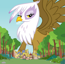 Size: 1280x1262 | Tagged: safe, artist:boneswolbach, artist:cloudyglow, artist:thegiantponyfan, derpibooru import, gilda, griffon, female, giant griffon, giantess, houses, looking at you, macro, mega giant, mega gilda, mountain, ponyville, solo, spread wings, tree, wings