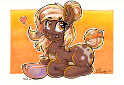 Size: 2352x1622 | Tagged: safe, artist:dandy, derpibooru import, oc, oc only, oc:sweet marble, earth pony, :3, ;p, batter, bowl, chest fluff, coat markings, ear fluff, ears, earth pony oc, female, food, hair bun, heart, looking at you, marker drawing, one eye closed, smiling, solo, tail, tail bun, tongue, tongue out, traditional art, whisk