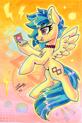 Size: 1791x2688 | Tagged: safe, artist:dandy, derpibooru import, oc, oc only, oc:koa, pegasus, :3, chest fluff, choker, ear fluff, ears, female, flying, game boy, heart, looking at you, marker drawing, pegasus oc, pokémon, smiling, solo, tongue, tongue out, traditional art