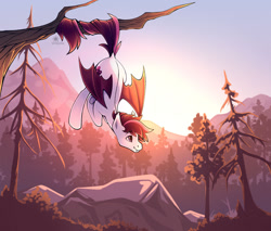 Size: 1280x1092 | Tagged: safe, artist:lilitepsilon, derpibooru import, oc, oc only, oc:mythic horizon, bat pony, pony, bat pony oc, bat wings, behaving like a bat, commission, fangs, forest, hanging, hanging upside down, male, mountain, prehensile tail, solo, stallion, sunset, tail, tree branch, underhoof, upside down, wings, ych result