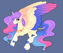Size: 2600x2200 | Tagged: safe, artist:loryska, derpibooru import, oc, oc only, alicorn, pony, alicorn oc, cloven hooves, colored wings, female, looking at you, looking sideways, magical lesbian spawn, mare, multicolored wings, offspring, profile, side view, simple background, smiling, smiling at you, solo, wings