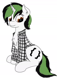 Size: 1438x1969 | Tagged: safe, artist:czaroslaw, ponerpics import, oc, oc only, oc:czarie, pony, unicorn, chest fluff, clothes, male, sitting, smiling, stallion