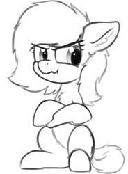 Size: 799x1085 | Tagged: safe, artist:smoldix, ponerpics import, oc, oc:anon filly, earth pony, pony, chest fluff, crossed arms, female, filly, foal, frown, grumpy, mare, monochrome, simple background, sitting