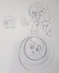 Size: 1836x2281 | Tagged: safe, artist:smoldix, ponerpics import, oc, oc:anon filly, earth pony, chest fluff, clothes, drawpile, female, filly, foal, mare, monochrome, open mouth, smiling, traditional art