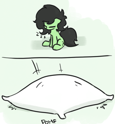 Size: 618x666 | Tagged: safe, artist:plunger, ponerpics import, oc, oc:anon filly, pony, eyes closed, female, filly, foal, mare, pillow, pillow fight, pomf, simple background, sitting, sleeping