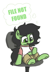 Size: 506x704 | Tagged: safe, artist:plunger, ponerpics import, oc, oc:anon filly, earth pony, pony, 404, blushing, clothes, computer chair, female, file not found, filly, foal, looking down, mare, open mouth, pants, shirt, simple background, sitting, thought bubble, white background