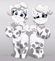 Size: 2449x2720 | Tagged: safe, artist:pabbley, derpibooru import, mayor mare, pinkie pie, earth pony, pony, bell, bell collar, belly button, bipedal, chubby, clothes, collar, cowbell, cowprint, duo, duo female, ear fluff, ears, female, floating heart, glasses, gradient background, grayscale, grin, heart, looking at you, mare, monochrome, neo noir, partial color, smiling, smiling at you, stockings, tail, tail wrap, thigh highs, wide hips