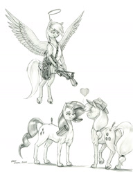 Size: 1100x1429 | Tagged: safe, artist:baron engel, derpibooru import, applejack, derpy hooves, rarity, earth pony, pegasus, pony, unicorn, applebutt, butt, crossbow, cupid, dock, eye contact, fake halo, female, flying, grayscale, lesbian, looking at each other, mare, monochrome, pencil drawing, plot, rarijack, shipping, skirt, smiling, smiling at each other, tanktop, tongue, tongue out, traditional art, weapon