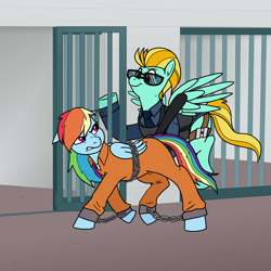 Size: 3600x3600 | Tagged: safe, artist:pony quarantine, derpibooru import, lightning dust, rainbow dash, clothes, commission, cuffed, cuffs, duo, gritted teeth, grumpy, never doubt rainbowdash69's involvement, nightstick, officer ld, police uniform, prison outfit, prisoner rd, shackles, smiling, smirk, sunglasses