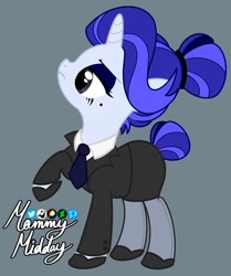 Size: 754x900 | Tagged: safe, artist:mommymidday, derpibooru import, oc, oc only, oc:madame cobalt, pony, unicorn, beauty mark, clothes, eyeshadow, female, hair bun, makeup, mare, necktie, raised hoof, raised leg, raised nose, shoes, signature, simple background, snooty, solo, suit, tail, tail bun, tights, two toned mane, unnamed oc