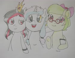 Size: 3594x2757 | Tagged: safe, artist:wrath-marionphauna, derpibooru import, oc, oc only, oc:aguamelon, oc:luz, oc:rol fanatic, unicorn, bow, crown, glasses, hair bow, jewelry, notebook, pigtails, ponylatino, regalia, smiling, traditional art, twintails