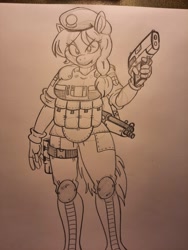 Size: 3000x4000 | Tagged: safe, artist:fuuby, derpibooru import, oc, oc:specter ace, anthro, bat pony, armor, beret, boots, braided ponytail, clothes, female, fingerless gloves, gloves, gun, handgun, hat, night guard, rolled up sleeves, shoes, tactical vest, traditional art, weapon