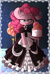 Size: 1200x1800 | Tagged: safe, artist:sakukitty, derpibooru import, part of a set, pinkie pie, earth pony, semi-anthro, balloon, cake, clothes, dress, food, solo