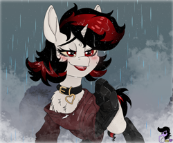 Size: 1446x1200 | Tagged: safe, artist:brainiac, derpibooru import, oc, oc only, oc:blackjack, pony, unicorn, fallout equestria, fallout equestria: project horizons, augmented, chest fluff, clothes, collar, fanfic art, female, fluffy, grunge, heart eyes, lipstick, mare, oversized clothes, oversized shirt, rain, shirt, solo, wet, wet mane, wingding eyes