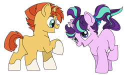 Size: 1115x668 | Tagged: safe, artist:putterpen, derpibooru import, starlight glimmer, sunburst, pony, unicorn, blaze (coat marking), butt, coat markings, colt, colt sunburst, duo, facial markings, female, filly, filly starlight glimmer, foal, male, pigtails, plot, shipping, simple background, socks (coat marking), starburst, straight, transparent background, younger